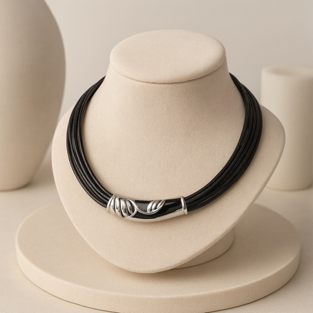 Multi-Strand Black Cord With Enameled Barrel Bead Approximately 16" GUC #078